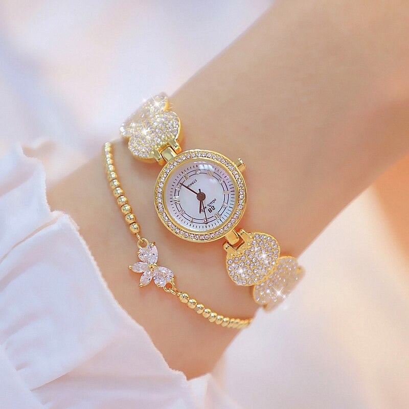 Deluxe Bejeweled Rhinestone Quartz Watches with Bow Charm Bracelet