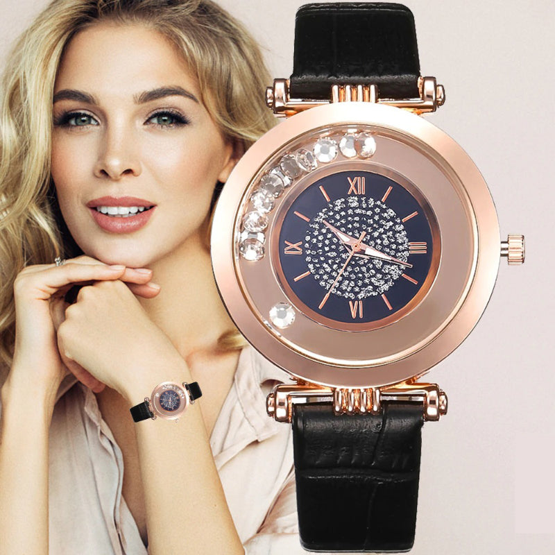 Creative Rotating Rhinestones Dial Vegan Leather Strap Quartz Wristwatches