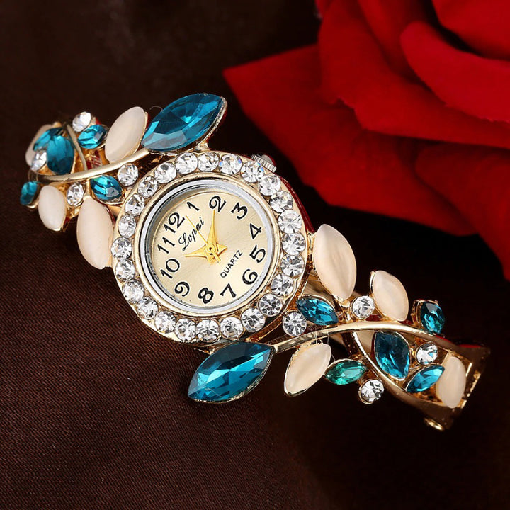 Luxury Rhinestone Leaf Round Dial Open Bracelet Quartz Watches