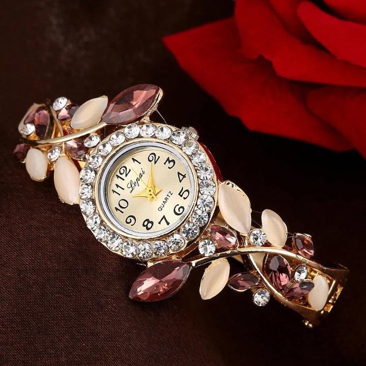 Luxury Rhinestone Leaf Round Dial Open Bracelet Quartz Watches
