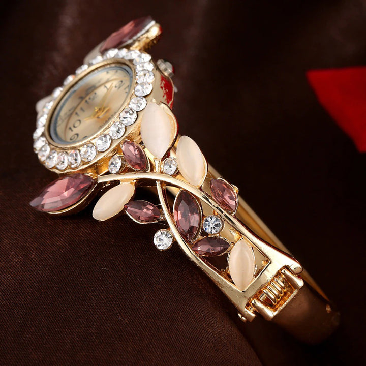 Luxury Rhinestone Leaf Round Dial Open Bracelet Quartz Watches