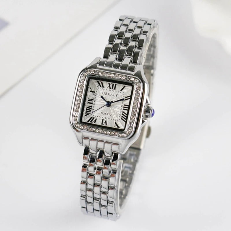 Rhinestone Accented Square Case Roman Numeral Dial Quartz Watches