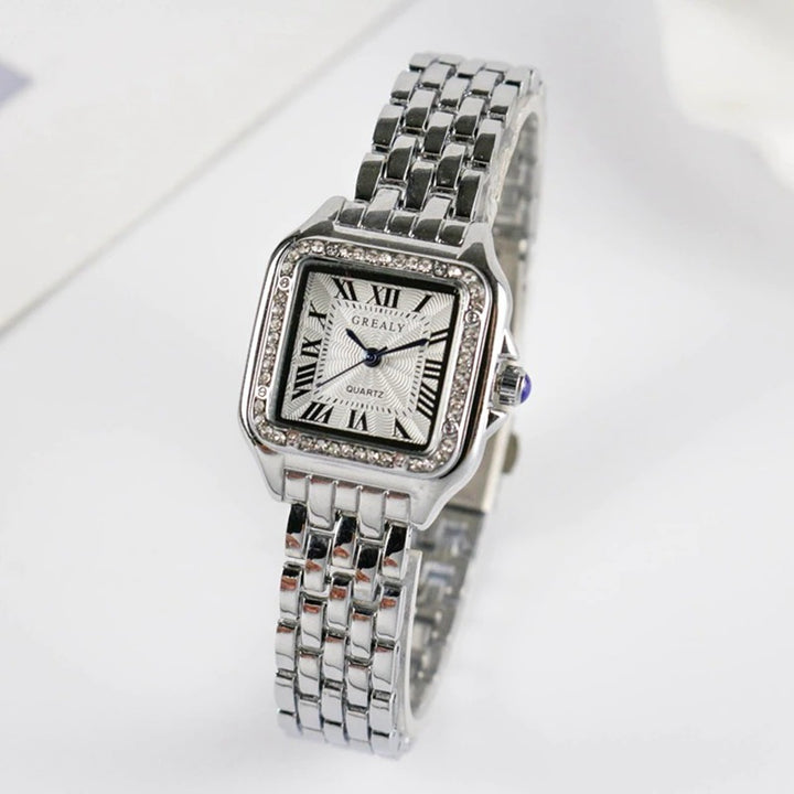 Rhinestone Accented Square Case Roman Numeral Dial Quartz Watches