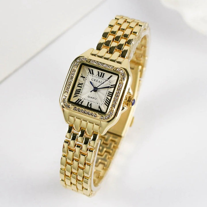 Rhinestone Accented Square Case Roman Numeral Dial Quartz Watches
