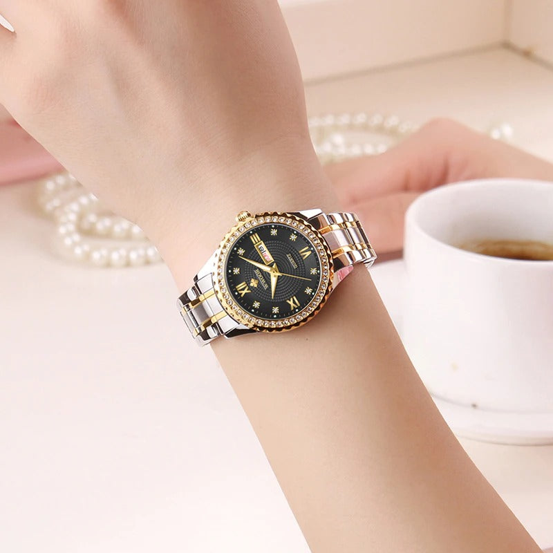 Classic Luxury Style Rhinestone Encrusted Stainless Steel Quartz Watches