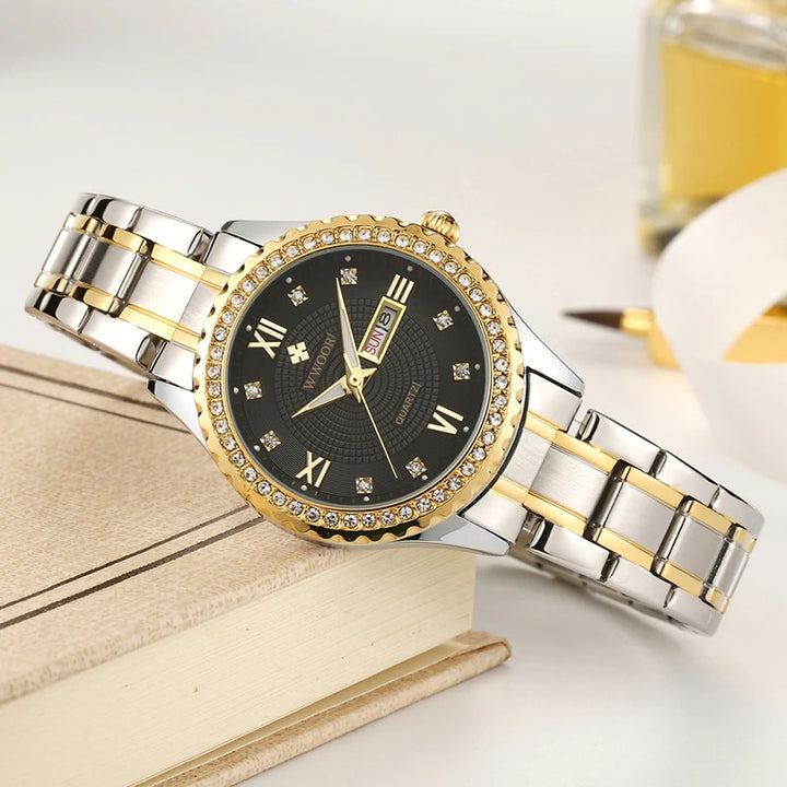 Classic Luxury Style Rhinestone Encrusted Stainless Steel Quartz Watches