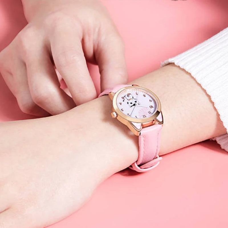 Cute Cat Dial Design Kid's Quartz Watch with Easy-to-Read Time Display