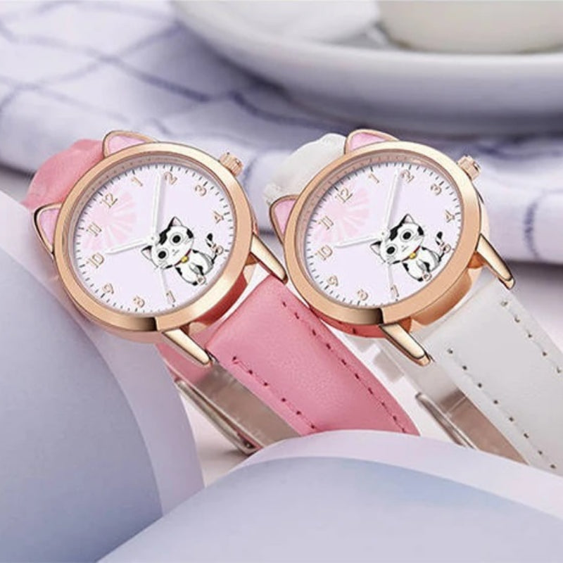 Cute Cat Dial Design Kid's Quartz Watch with Easy-to-Read Time Display