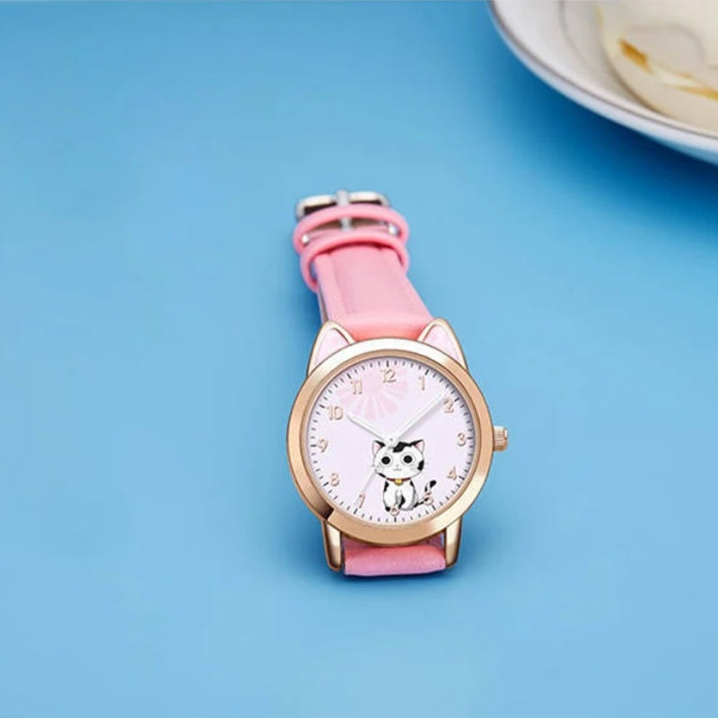 Cute Cat Dial Design Kid's Quartz Watch with Easy-to-Read Time Display