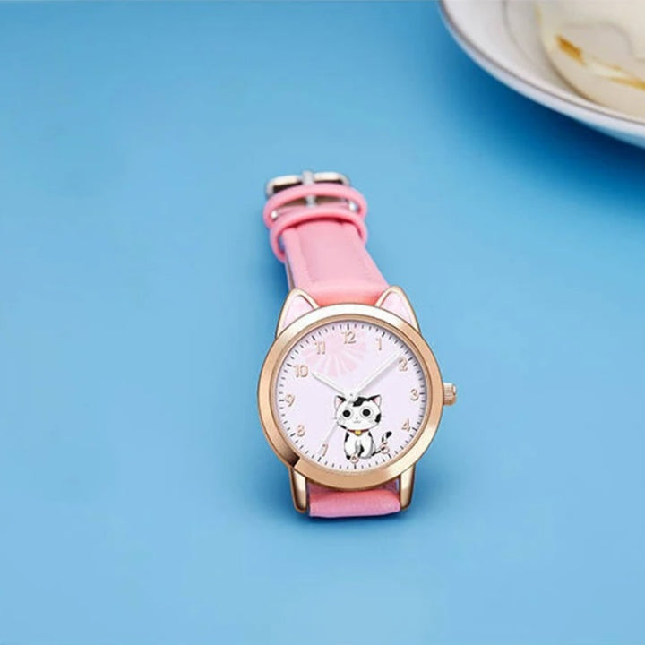 Cute Cat Dial Design Kid's Quartz Watch with Easy-to-Read Time Display