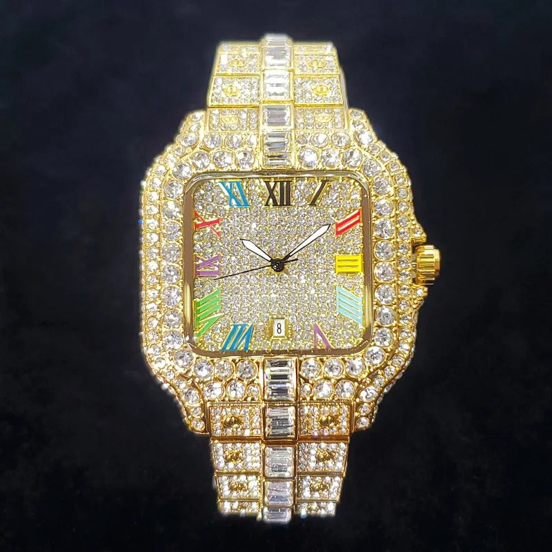 Luxury Iced Out Square Design with Colorful Numbers Quartz Watch