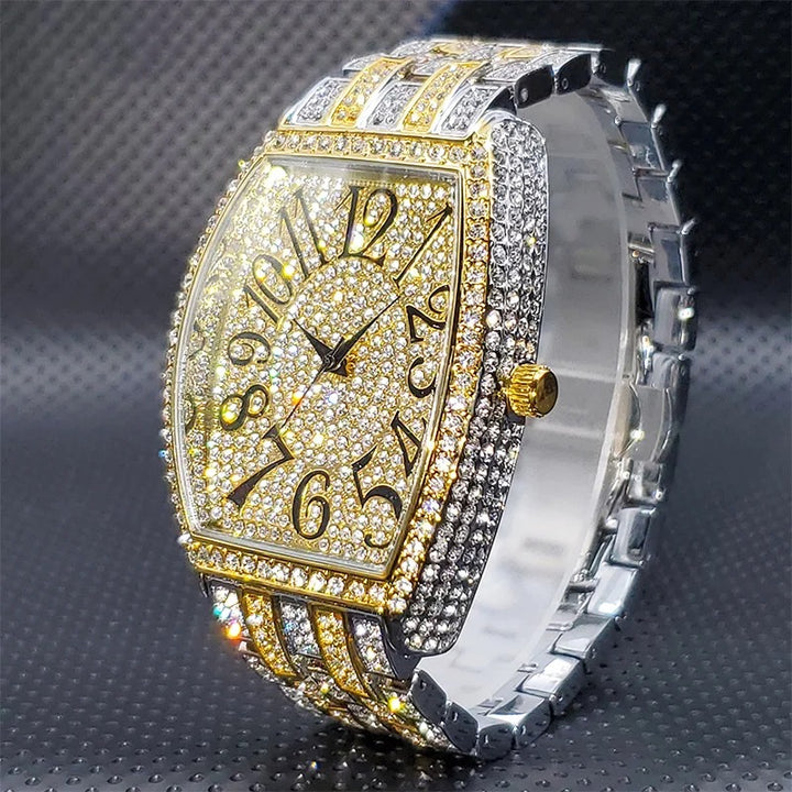 Deluxe Tonneau Shape Rhinestone Studded Stainless Steel Quartz Watch