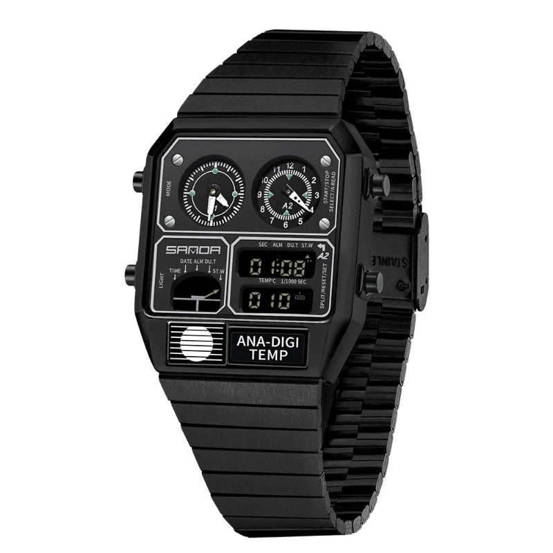 Retro Men's Digital Analog Watch with Triple Time Display