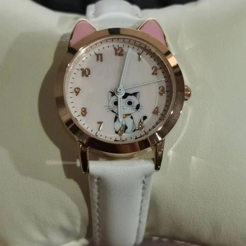 Cute Cat Dial Design Kid's Quartz Watch with Easy-to-Read Time Display