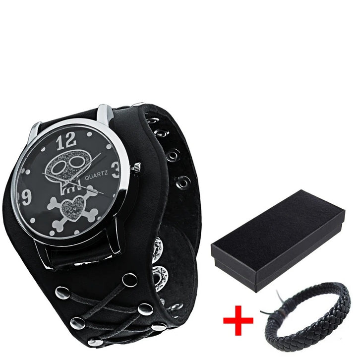 Edgy Gothic Skull Design Leather Strap Quartz Wristwatch