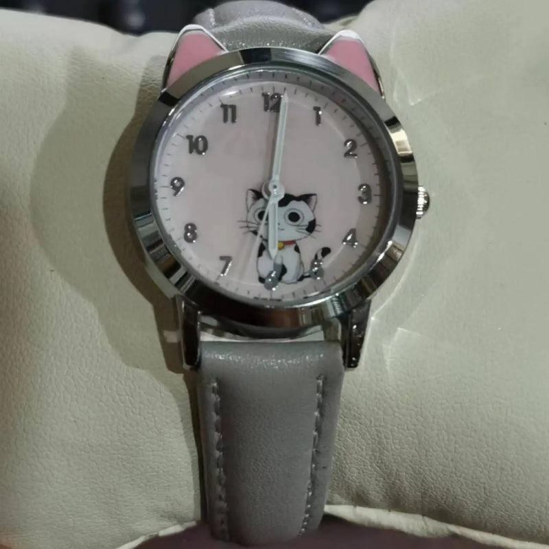 Cute Cat Dial Design Kid's Quartz Watch with Easy-to-Read Time Display