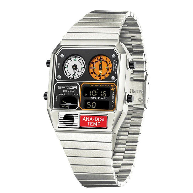 Retro Men's Digital Analog Watch with Triple Time Display