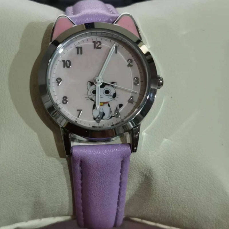 Cute Cat Dial Design Kid's Quartz Watch with Easy-to-Read Time Display