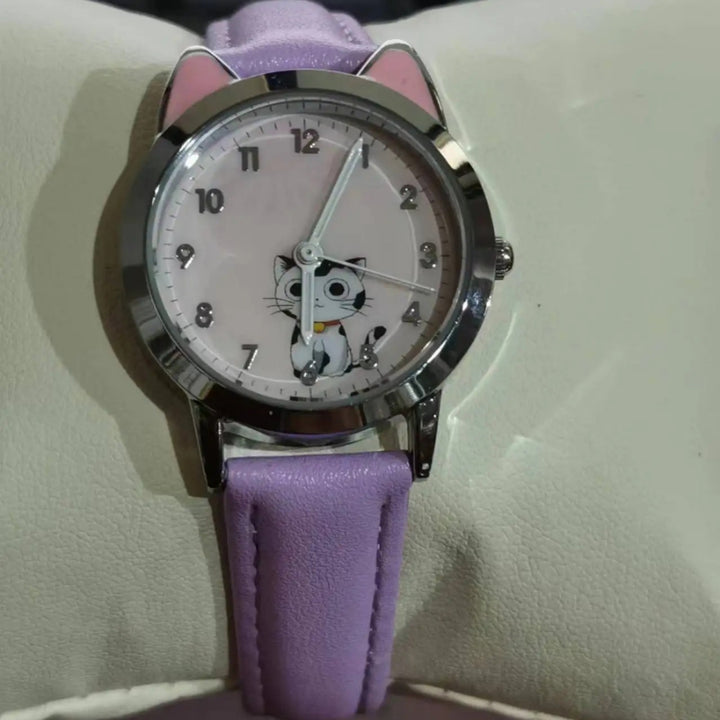 Cute Cat Dial Design Kid's Quartz Watch with Easy-to-Read Time Display