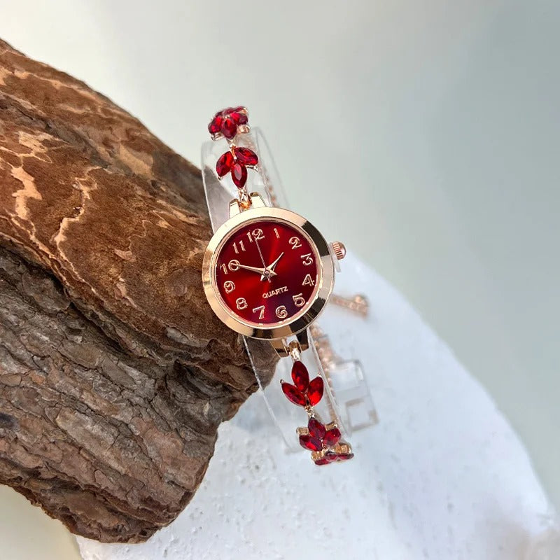 Chic Leaf Design Crystal-Encrusted Quartz Watch for Women