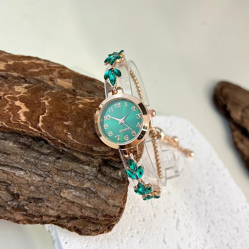Chic Leaf Design Crystal-Encrusted Quartz Watch for Women