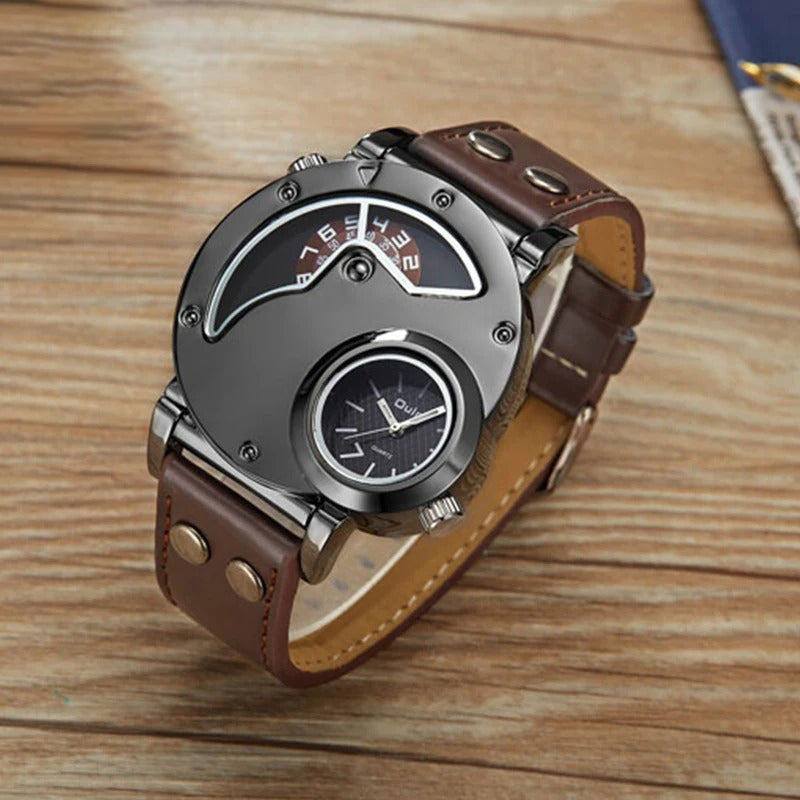 Steampunk-inspired Sun and Moon Dial Watch with PU Leather Rivet Strap