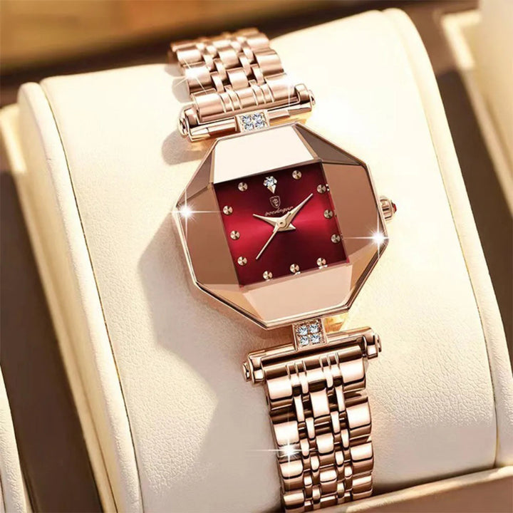 Luxurious Geometric Dial Stainless Steel Quartz Watch for Women