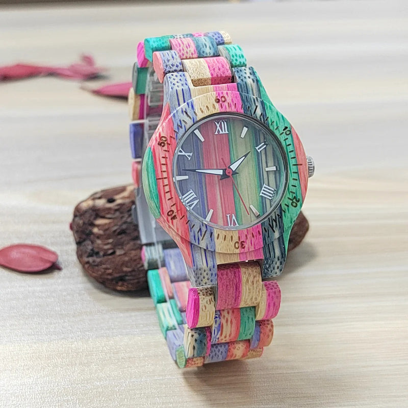 Colorful Bamboo Strap Roman Numerals Dial Quartz Watch