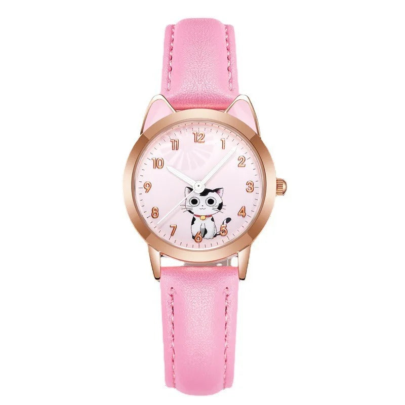 Cute Cat Dial Design Kid's Quartz Watch with Easy-to-Read Time Display