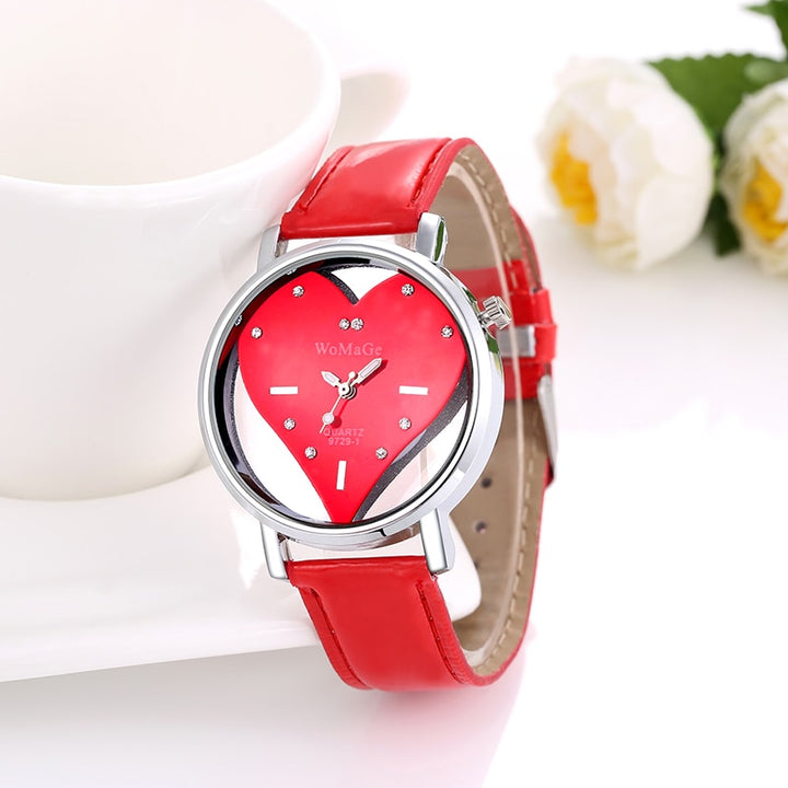 Romantic Heart Shaped Dial Display Quartz Watch for Women