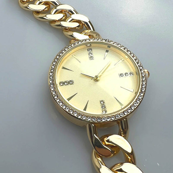 Round Dial with Rhinestones and Chain Bracelet Strap Quartz Watch for Women