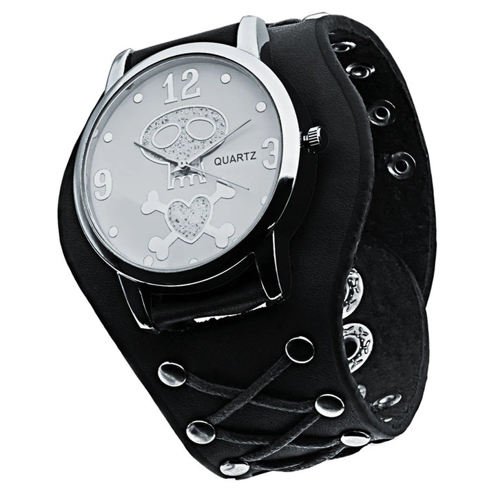 Edgy Gothic Skull Design Leather Strap Quartz Wristwatch