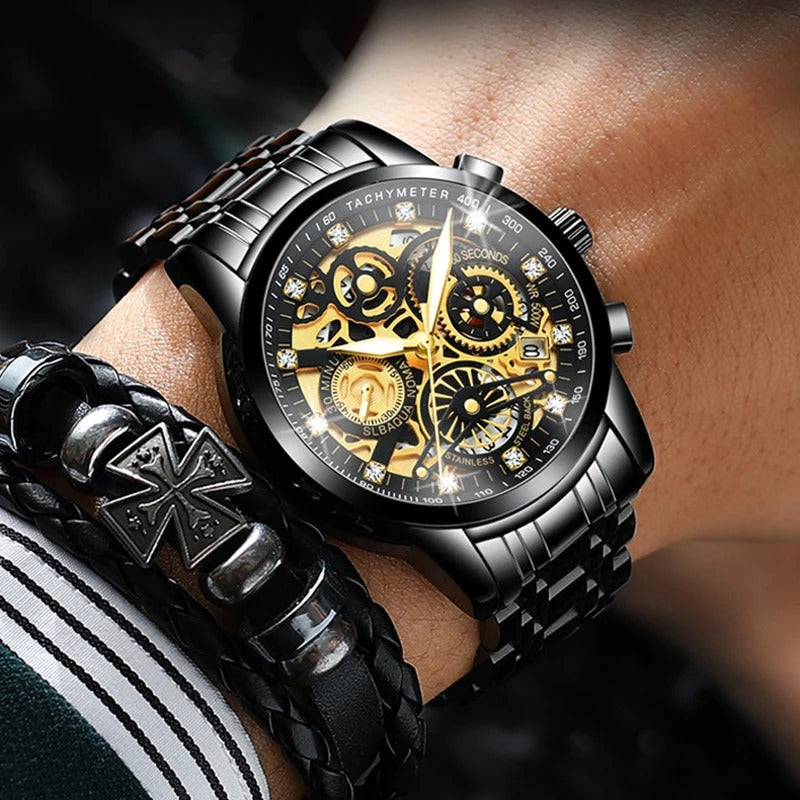 Skeleton Round Dial Luminous Quartz Watch for Men