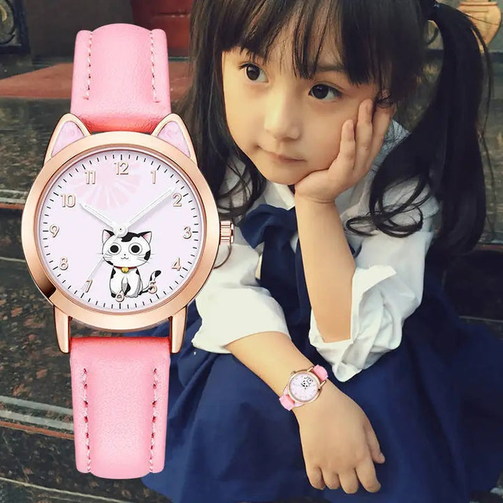 Cute Cat Dial Design Kid's Quartz Watch with Easy-to-Read Time Display