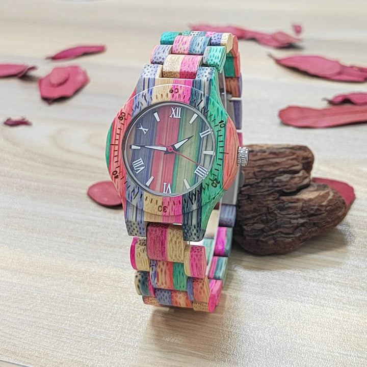 Colorful Bamboo Strap Roman Numerals Dial Quartz Watch