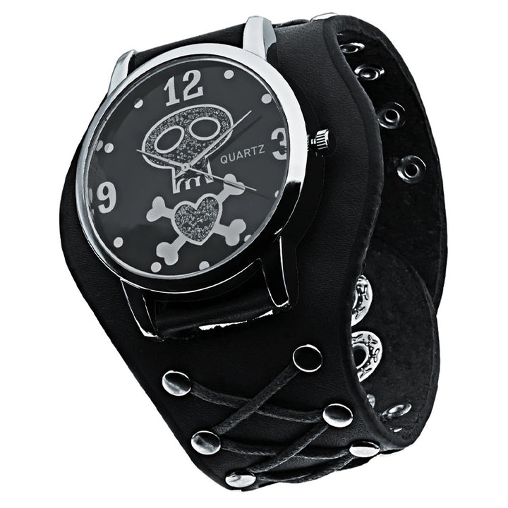 Edgy Gothic Skull Design Leather Strap Quartz Wristwatch
