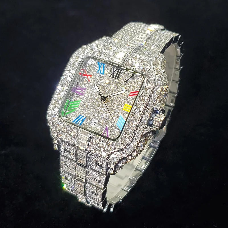 Luxury Iced Out Square Design with Colorful Numbers Quartz Watch