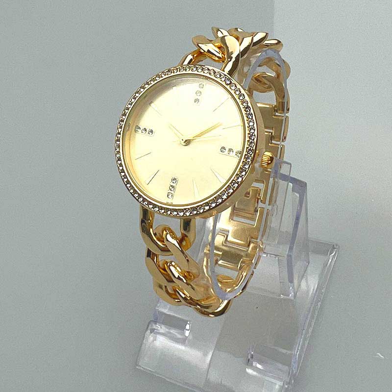 Round Dial with Rhinestones and Chain Bracelet Strap Quartz Watch for Women