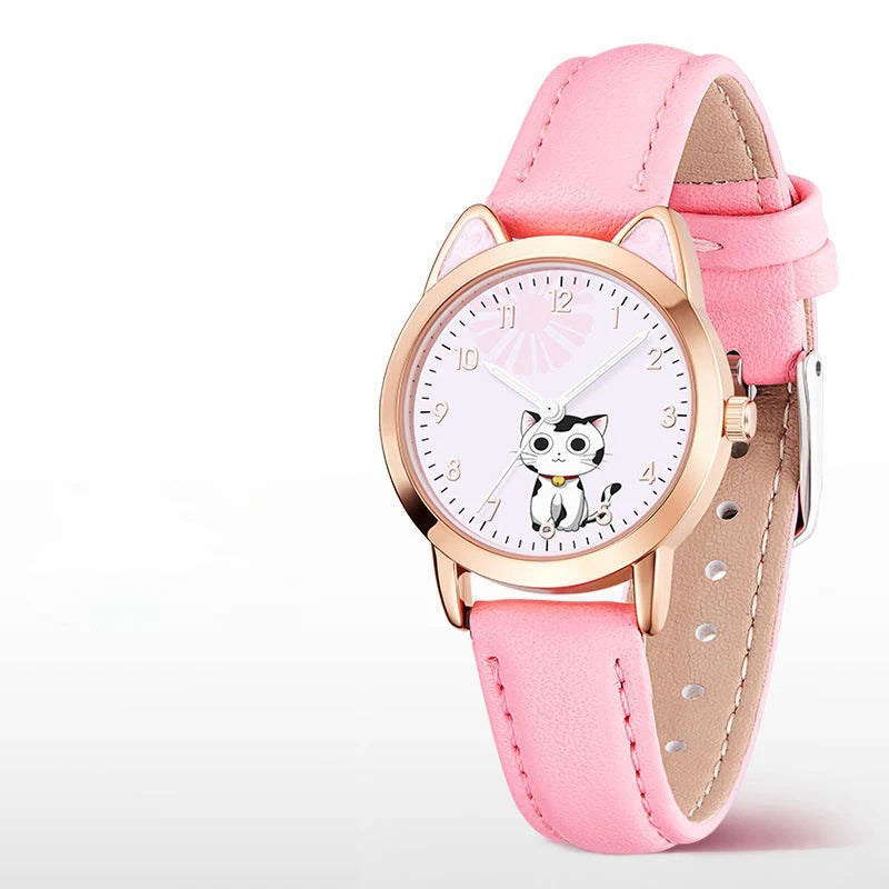 Cute Cat Dial Design Kid's Quartz Watch with Easy-to-Read Time Display