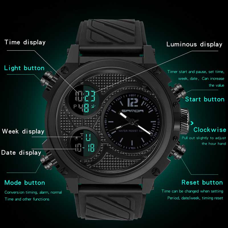 Triple Digital Dial Display Casual Watch for Men