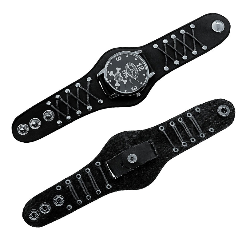 Edgy Gothic Skull Design Leather Strap Quartz Wristwatch