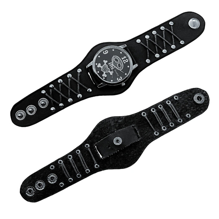 Edgy Gothic Skull Design Leather Strap Quartz Wristwatch