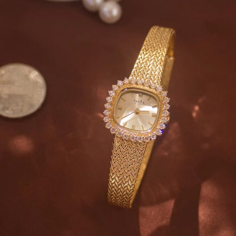 Rhinestone Studded Dial with Braided Mesh Strap Watch