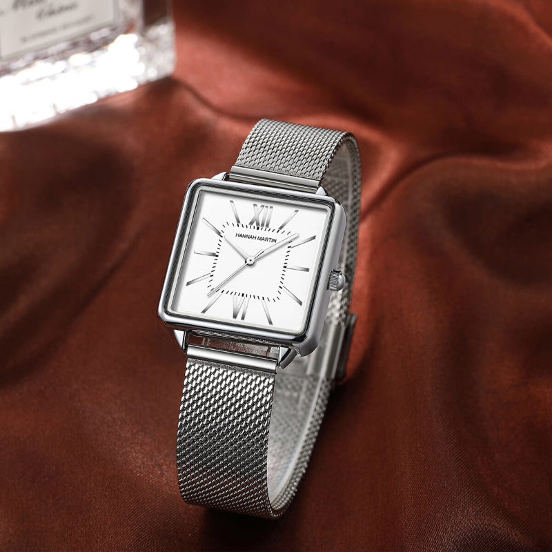 Stainless Steel Mesh Strap on Square Dial Luxury Watch for Women