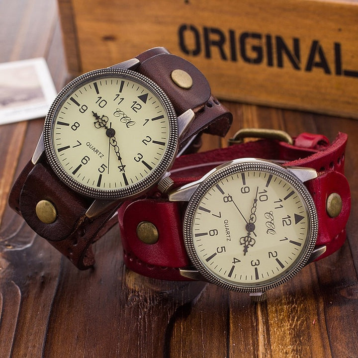 Vintage Style Large Dial with Thick Leather Strap Quartz Watches