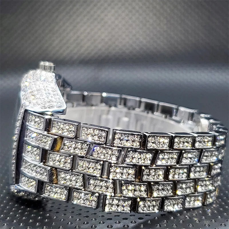 Deluxe Tonneau Shape Rhinestone Studded Stainless Steel Quartz Watch