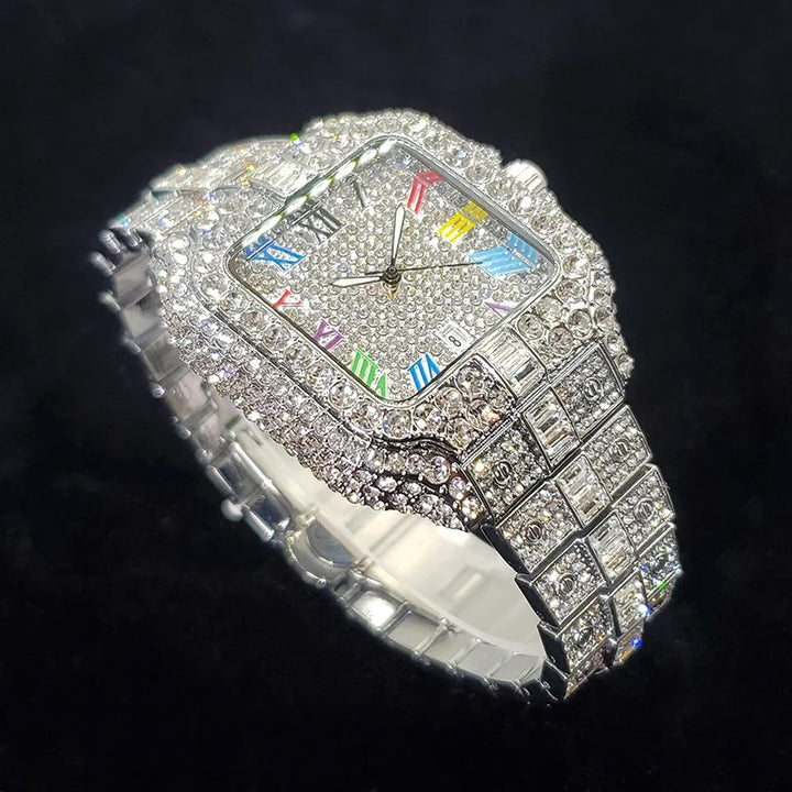 Luxury Iced Out Square Design with Colorful Numbers Quartz Watch