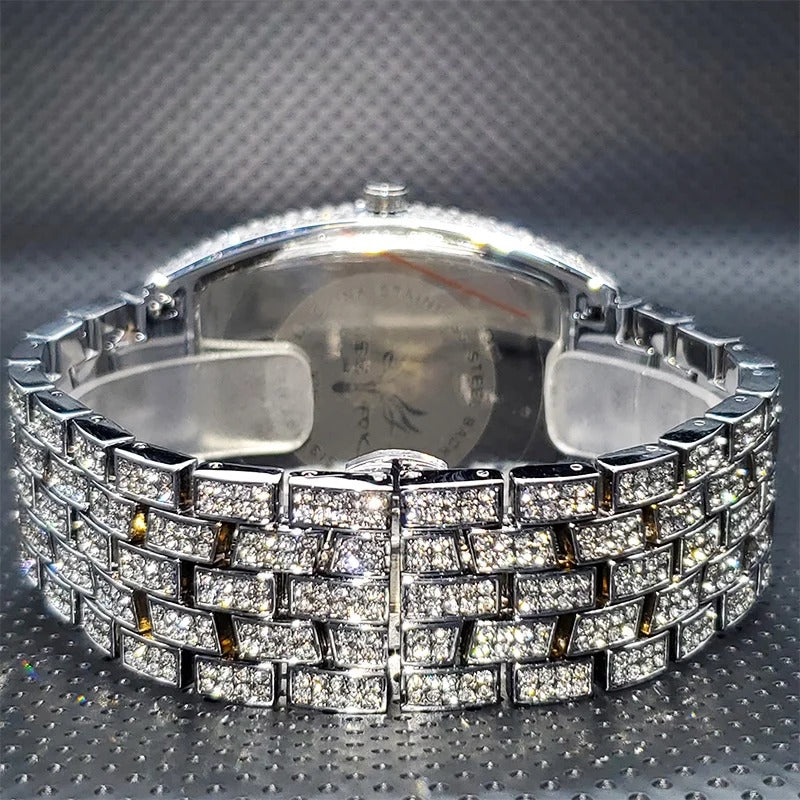 Deluxe Tonneau Shape Rhinestone Studded Stainless Steel Quartz Watch
