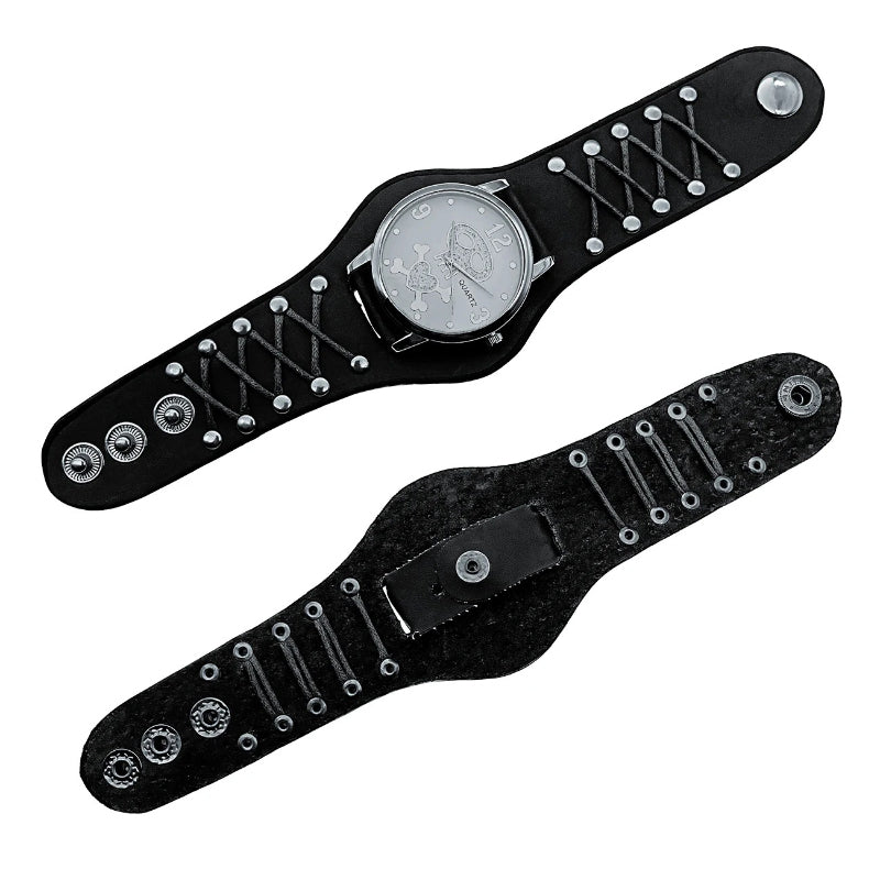 Edgy Gothic Skull Design Leather Strap Quartz Wristwatch