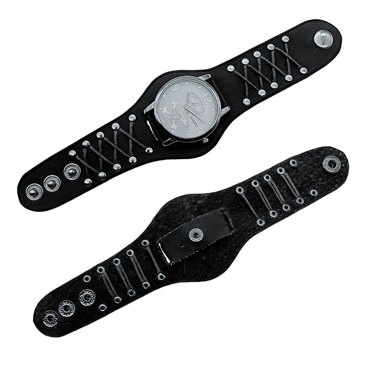 Edgy Gothic Skull Design Leather Strap Quartz Wristwatch